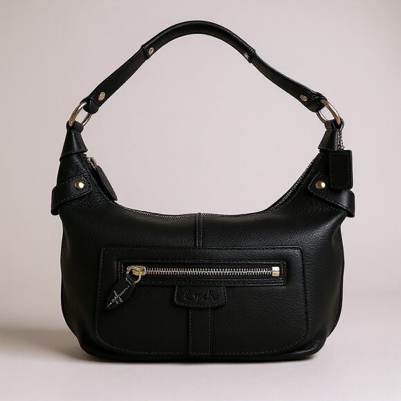 COACH Black Pebbled Leather Hobo Shoulder Bag Handbag Purse Zip Front Pocket - Picture 1 of 16